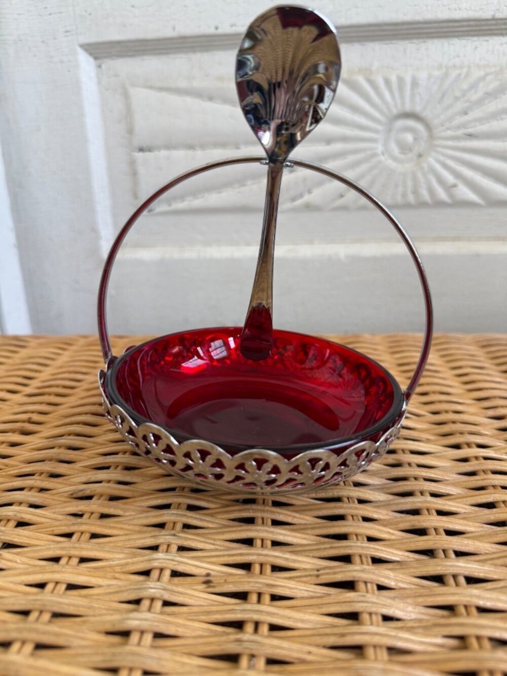 Vintage 1950s England Chrome Ruby Red Glass Condiment Dish Clam Shell Spoon